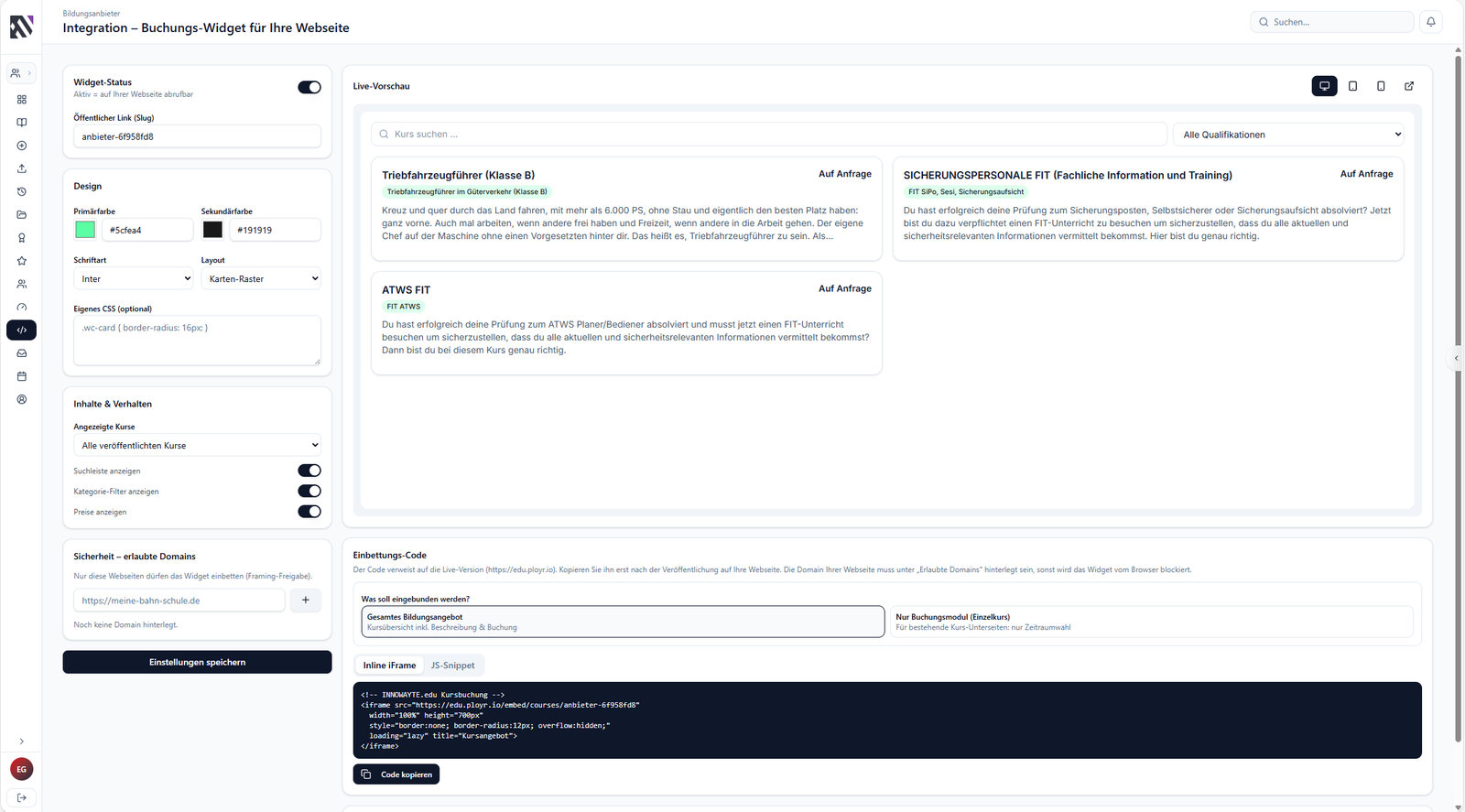 Buchungs-Widget von Innowayte.EDU eingebettet in die Website eines Bildungsträgers